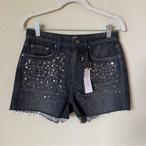 NWT Rebecca Minkoff Jean Denim Black Shorts Crystal Embellished Size 26 - Picture 4 of 10